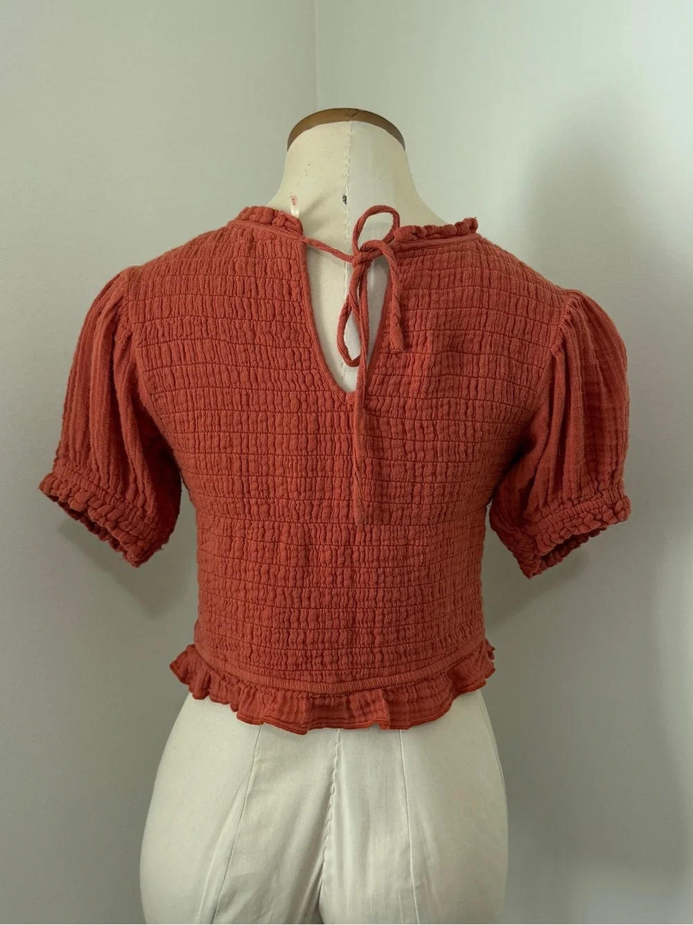 Free People Medium Rust Orange Smocked Textured Puff Sleeve Crop Cropped Top